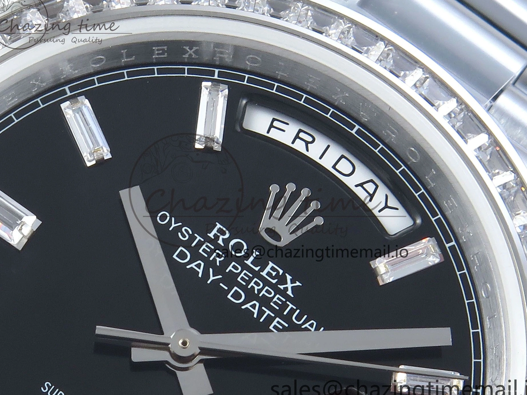 1221 Soft DayDate 40 SS QF 1:1 Best Edition Black Crystal Dial Diamonds Bezel on President Bracelet A2836 V5 (Gain Weight) 477